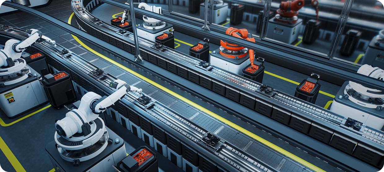 Industrial robots working in a production line